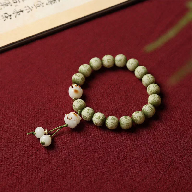 Buddha Stones Zielone Nasiona Bodhi Łapa Kota Om Mani Padme Hum Grawerowana Bransoletka Mądrości