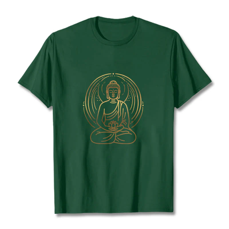 Buddha Stones Złota Medytacja Budda Halo Trzymający Kwiat Lotosu Koszulka T-shirt