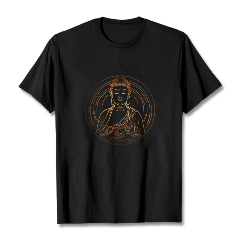 Buddha Stones Złoty Budda Trzymający Kwiat Lotosu Koszulka T-shirt