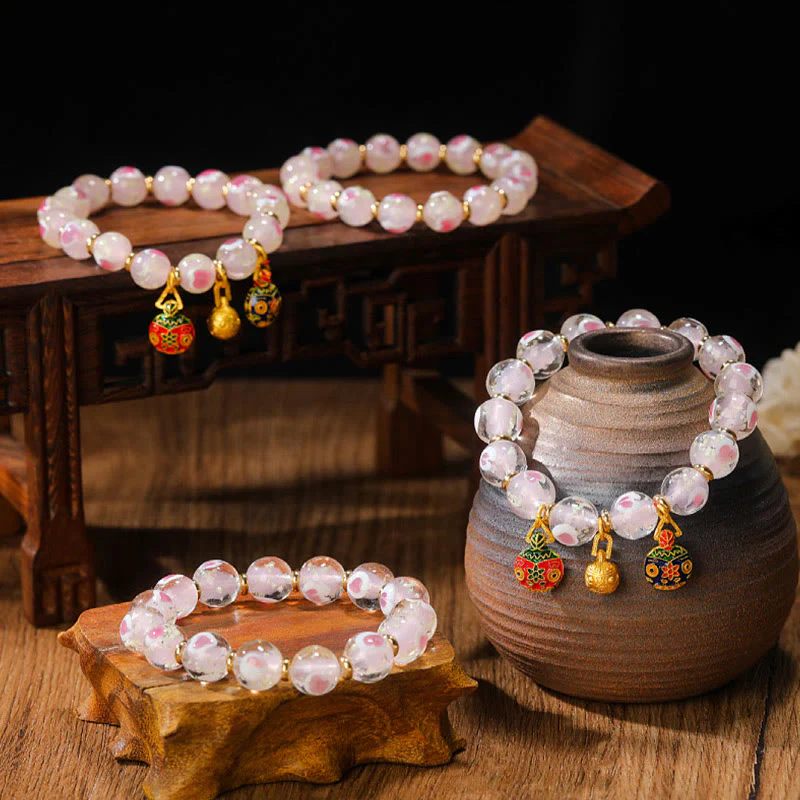 Buddha Stones Złoty Połykający Bestia Rodzina Charm Świecący Różowy Miłość Serce Fluorescencyjny Liuli Szklane Koraliki Błogosławieństwa Bransoletka