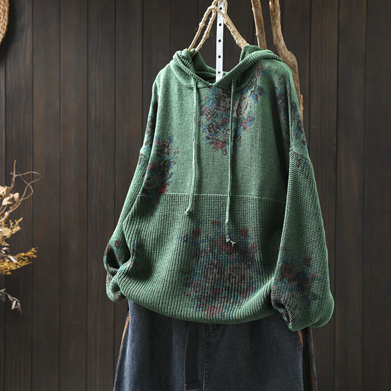 Damski sweter z długim rękawem i kapturem, dzianinowy, kwiatowy, z Buddha Stones - Image 11