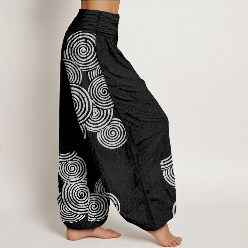 Damskie spodnie haremowe z elastycznej talii z nadrukiem Buddha Stones w spiralny wzór w kolorze białym z czystej bawełny - Image 7