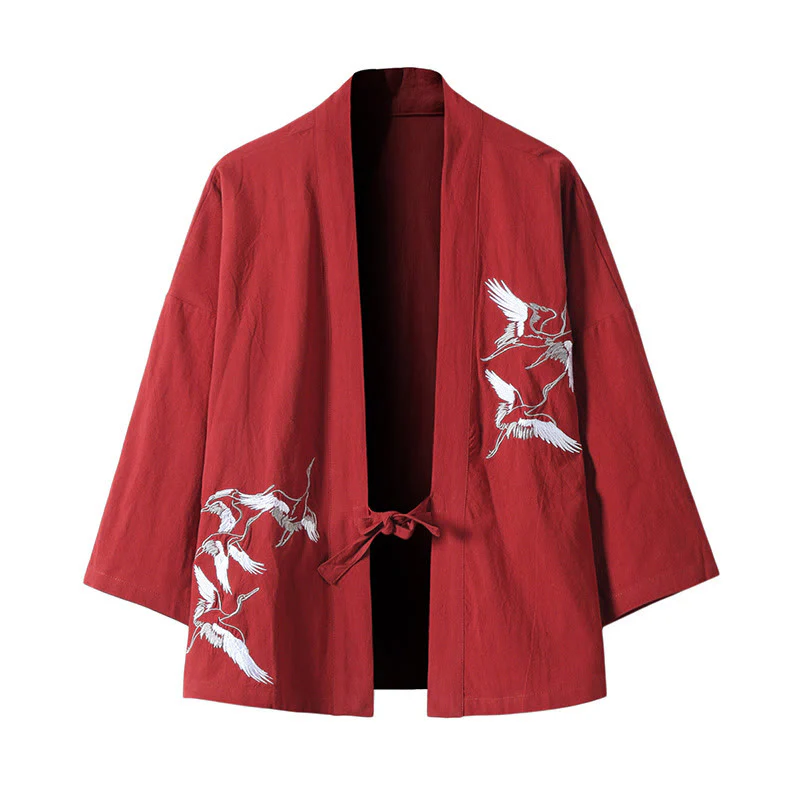 Kamienie Buddha Stones Haftowane Latające Białe Żurawie Bawełniana Lniana Kurtka Męska Kimono Otwarty Przód - Image 3