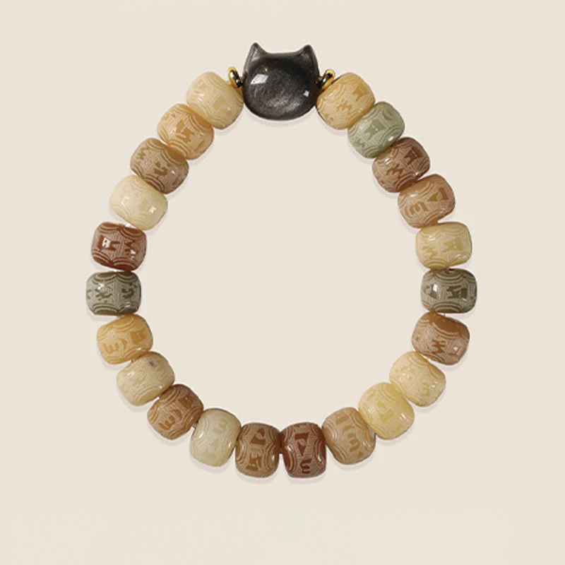 Kamienie Buddha Stones Nasiona Bodhi Om Mani Padme Hum Rzeźbione Srebrne Błyszczące Obsydianowe Głowy Kota Bransoletka Mądrości - Image 4