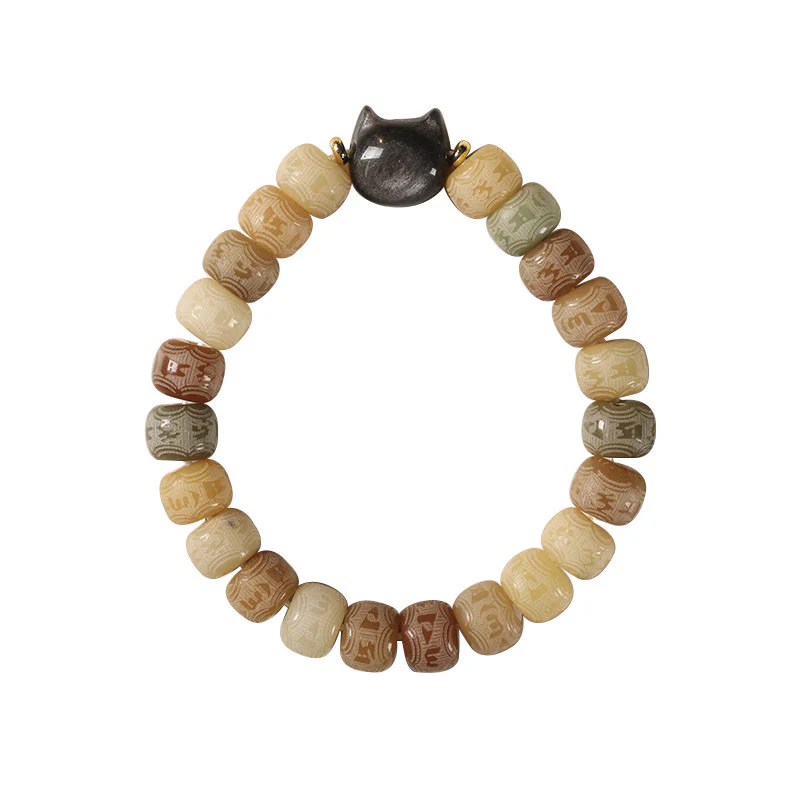 Kamienie Buddha Stones Nasiona Bodhi Om Mani Padme Hum Rzeźbione Srebrne Błyszczące Obsydianowe Głowy Kota Bransoletka Mądrości - Image 7