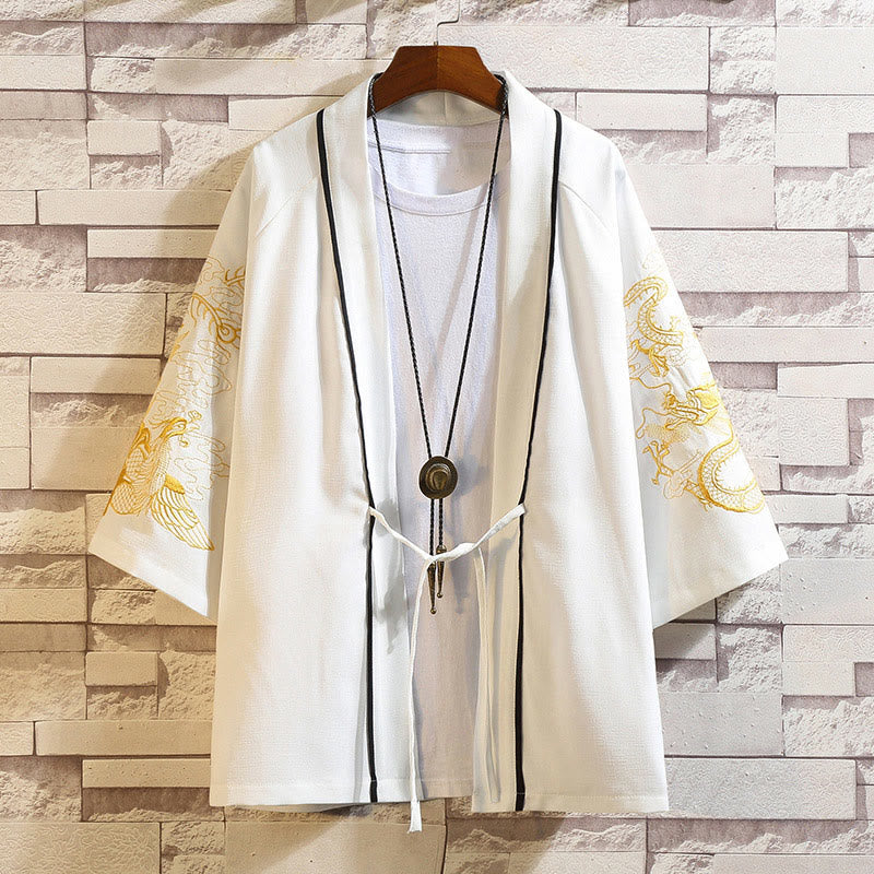 Kamienie Buddha Stones Smok Feniks Pomyślna Chmura Fale Liście Żurawie Otwarty Przód Kurtka Męska Kimono - Image 21