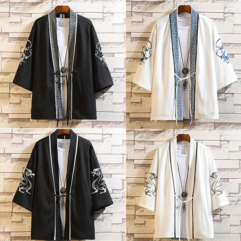 Kamienie Buddha Stones Smok Feniks Pomyślna Chmura Fale Liście Żurawie Otwarty Przód Kurtka Męska Kimono - Image 46
