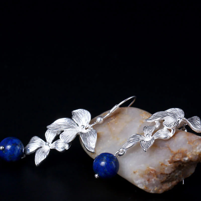 Kolczyki z Buddha Stones ze srebra próby 925, lazurytem i lapis lazuli w stylu etnicznym, z motywem kwiatów i pozytywną wiszącą ozdobą - Image 2