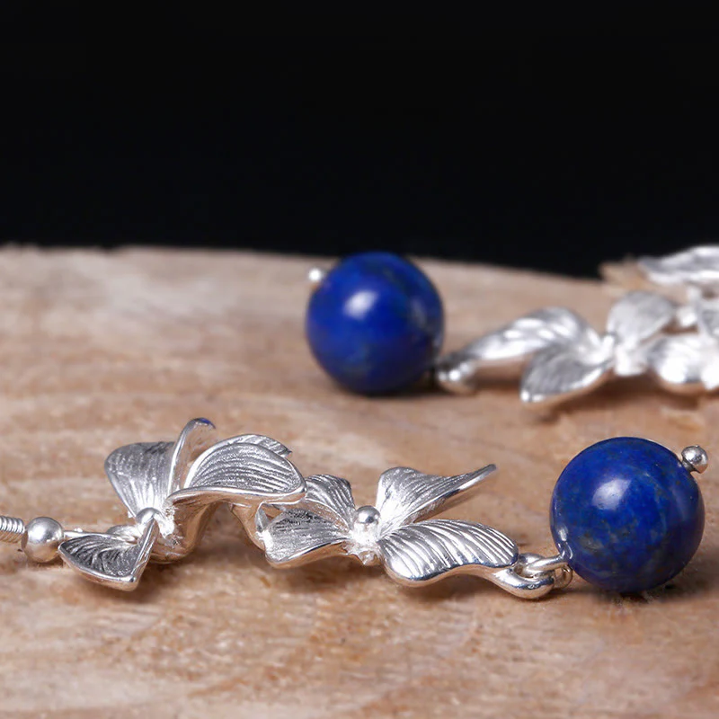 Kolczyki z Buddha Stones ze srebra próby 925, lazurytem i lapis lazuli w stylu etnicznym, z motywem kwiatów i pozytywną wiszącą ozdobą - Image 6