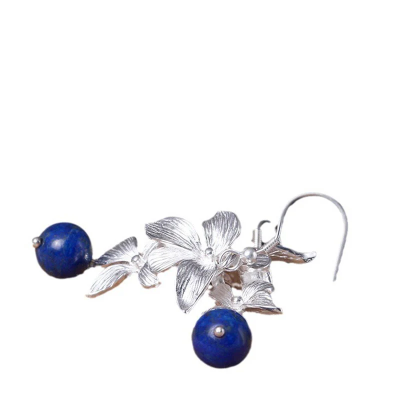 Kolczyki z Buddha Stones ze srebra próby 925, lazurytem i lapis lazuli w stylu etnicznym, z motywem kwiatów i pozytywną wiszącą ozdobą - Image 8