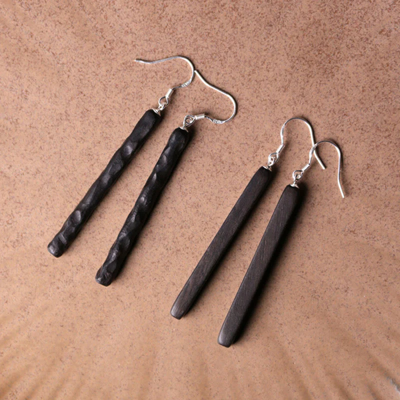 Kolczyki wiszące Buddha Stones 925 Sterling Silver Ebony Wood Texture Balance Peace - Image 2
