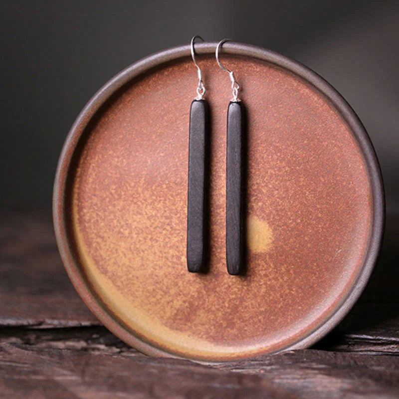 Kolczyki wiszące Buddha Stones 925 Sterling Silver Ebony Wood Texture Balance Peace - Image 3