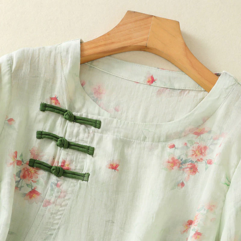 Koszula Buddha Stones z poliestru z nadrukiem roślinnym z okrągłym dekoltem i guzikami w kształcie żaby i rękawami trzy czwarte - Image 20