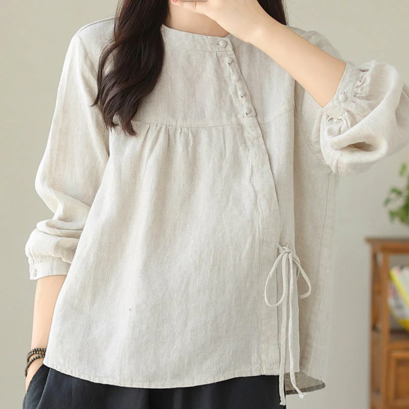 Koszula damska Buddha Stones Fall Casual Solid Color Stand Collar z długim rękawem Cotton Linen - Image 19