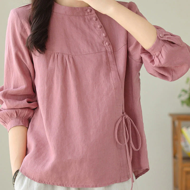 Koszula damska Buddha Stones Fall Casual Solid Color Stand Collar z długim rękawem Cotton Linen - Image 28