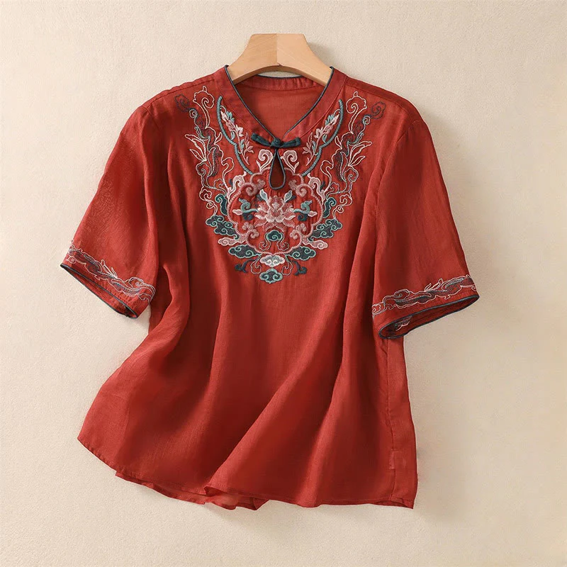 Koszula damska z krótkim rękawem i bawełnianym lnem Buddha Stones Casual Retro haftowana żaba-guzik - Image 18