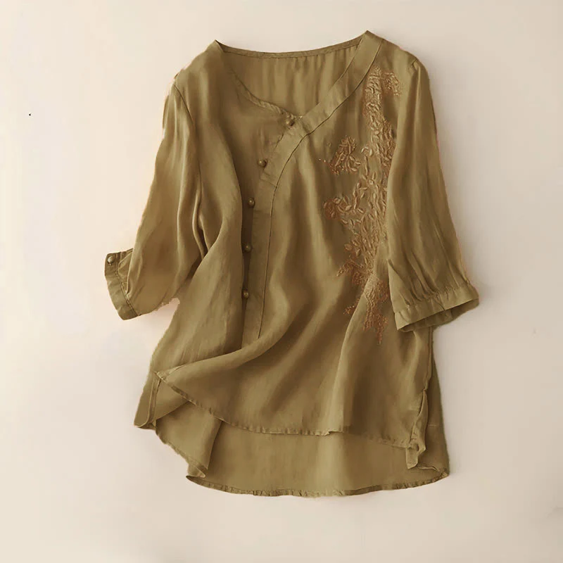 Koszula damska z krótkim rękawem i luźnym, swobodnym haftem kwiatowym „Buddha Stones” z żabą i guzikami - Image 6