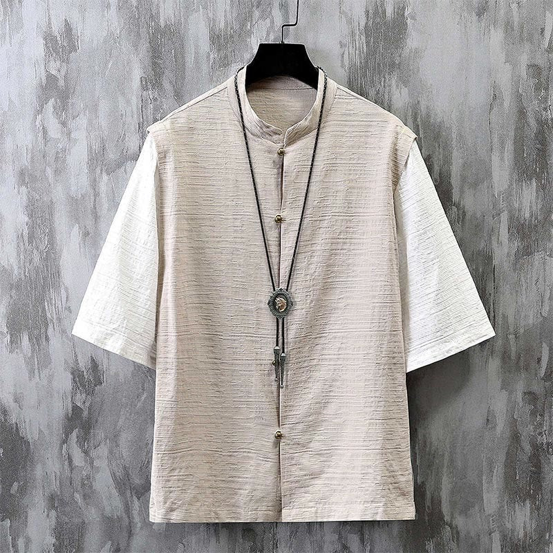 Koszula męska z bawełny i lnu z krótkim rękawem i letnim patchworkowym wzorem w Buddha Stones