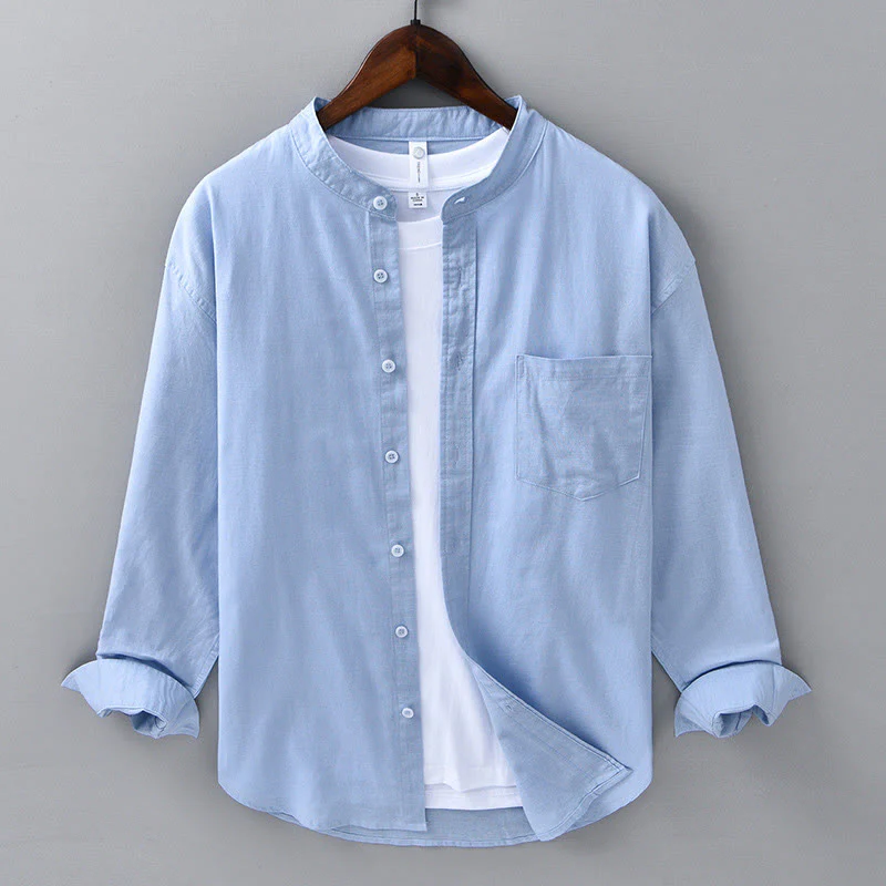 Koszula męska z długim rękawem i stójką Buddha Stones z kieszenią Pure Color Casual Cotton Linen - Image 10