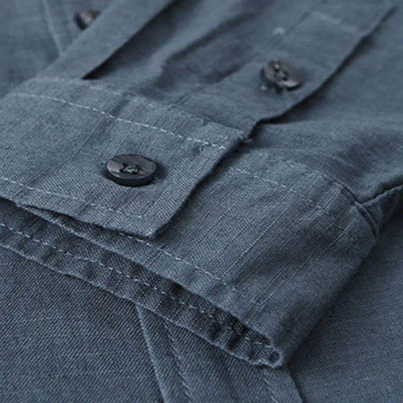 Koszula męska z długim rękawem i stójką Buddha Stones z kieszenią Pure Color Casual Cotton Linen - Image 28