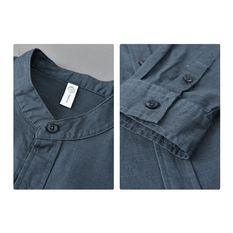 Koszula męska z długim rękawem i stójką Buddha Stones z kieszenią Pure Color Casual Cotton Linen - Image 29
