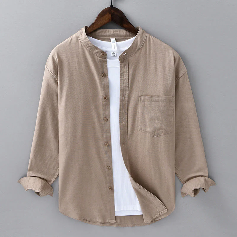 Koszula męska z długim rękawem i stójką Buddha Stones z kieszenią Pure Color Casual Cotton Linen - Image 30