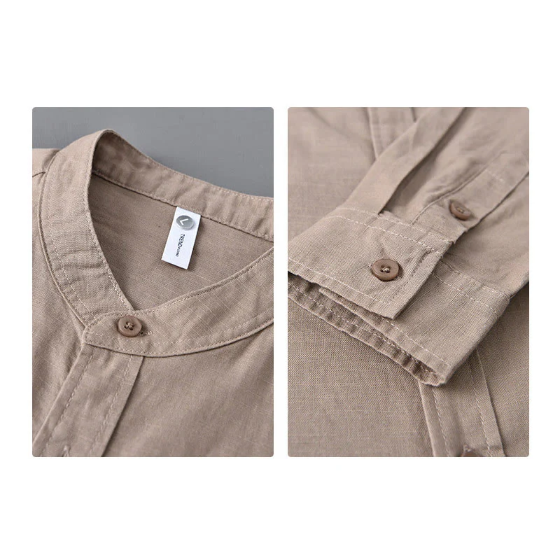 Koszula męska z długim rękawem i stójką Buddha Stones z kieszenią Pure Color Casual Cotton Linen - Image 33