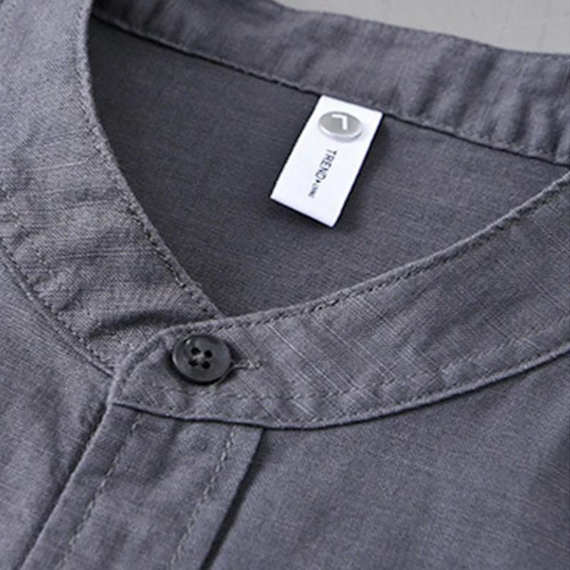 Koszula męska z długim rękawem i stójką Buddha Stones z kieszenią Pure Color Casual Cotton Linen - Image 35