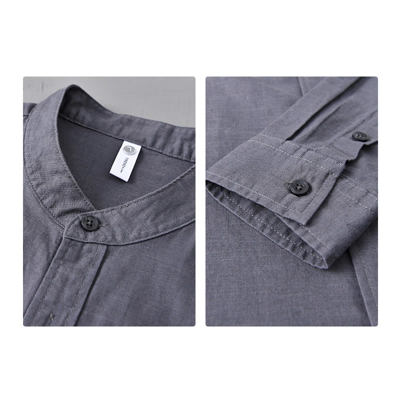 Koszula męska z długim rękawem i stójką Buddha Stones z kieszenią Pure Color Casual Cotton Linen - Image 36
