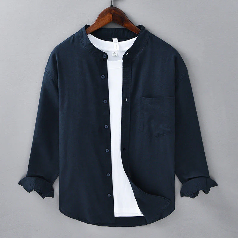 Koszula męska z długim rękawem i stójką Buddha Stones z kieszenią Pure Color Casual Cotton Linen - Image 38