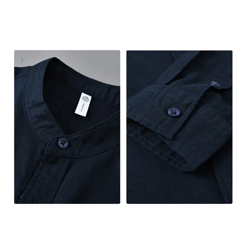 Koszula męska z długim rękawem i stójką Buddha Stones z kieszenią Pure Color Casual Cotton Linen - Image 39