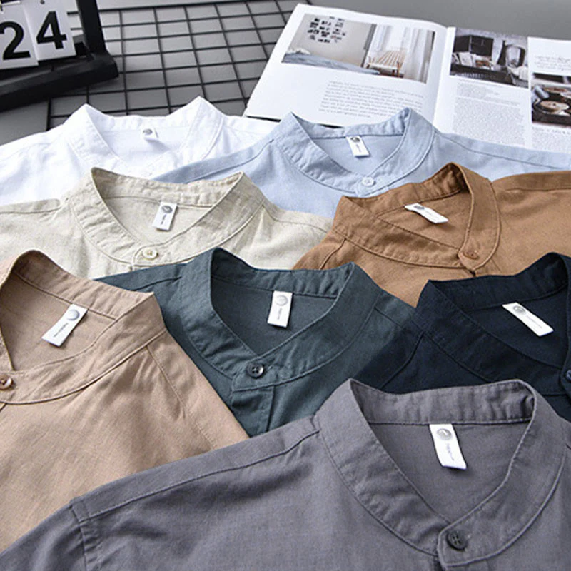 Koszula męska z długim rękawem i stójką Buddha Stones z kieszenią Pure Color Casual Cotton Linen - Image 5