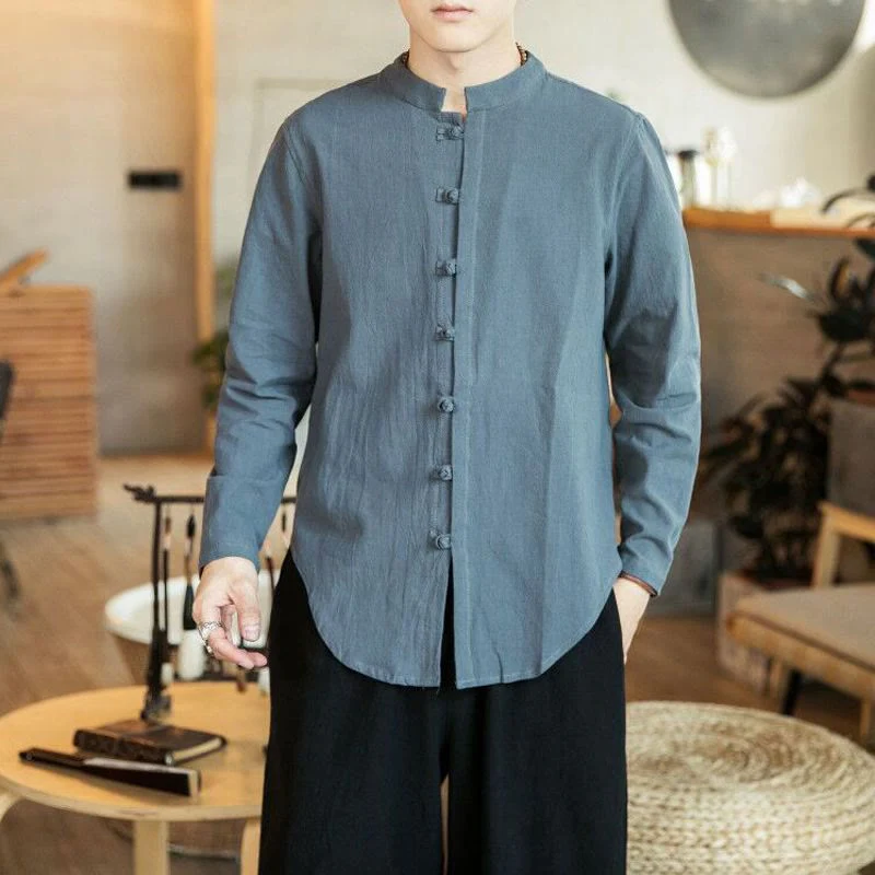 Koszula męska z długim rękawem i stójką w stylu casual z Buddha Stones i guzikami żabki - Image 11
