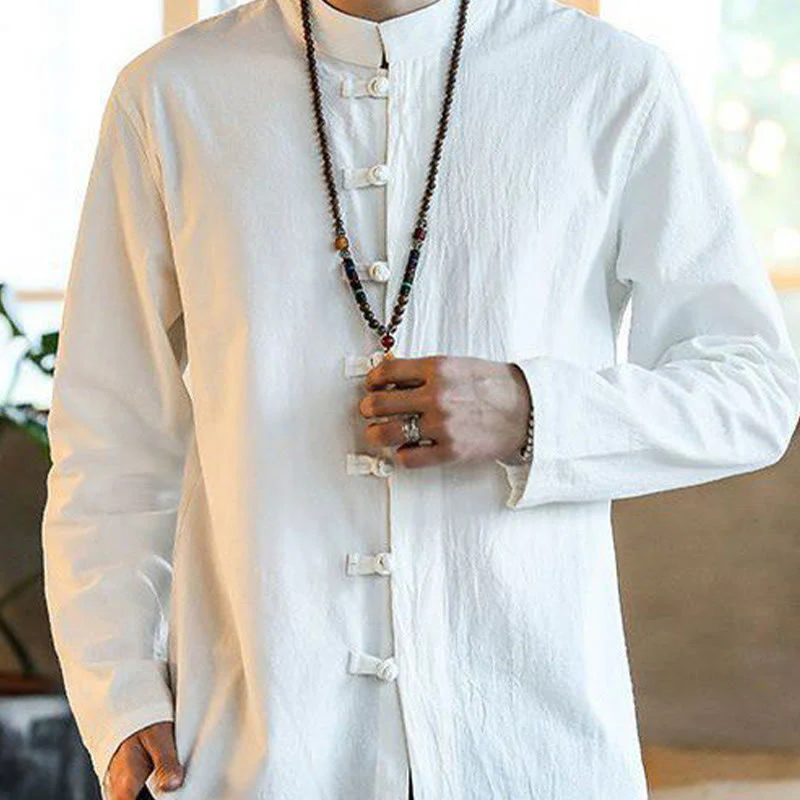 Koszula męska z długim rękawem i stójką w stylu casual z Buddha Stones i guzikami żabki - Image 3