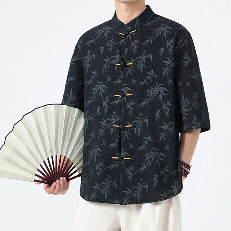 Koszula męska z krótkim rękawem z bawełny lnianej, z motywem liści bambusa i Buddha Stones , zapinana na guziki w chińskiej żabie - Image 2