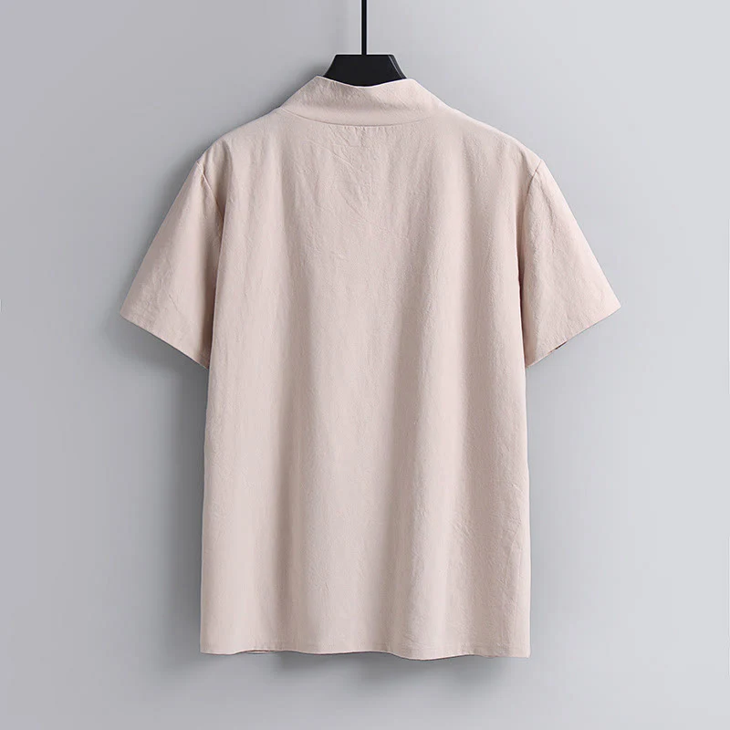 Koszulka męska z luźnym T-shirtem " Buddha Stones" w jednolitym kolorze, z krótkim rękawem i kołnierzykiem w serek, z przewiewnej bawełny i lnu - Image 6