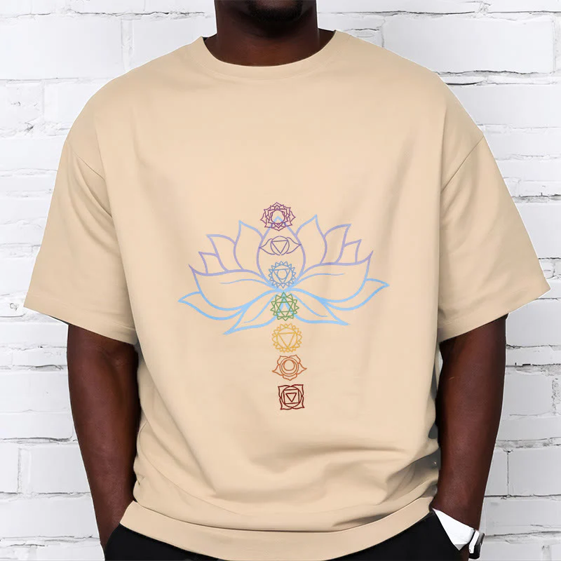 Koszulka z bawełny z motywem Buddha Stones w pastelowych odcieniach z motywem kwiatu lotosu i symbolami czakr do medytacji - Image 10