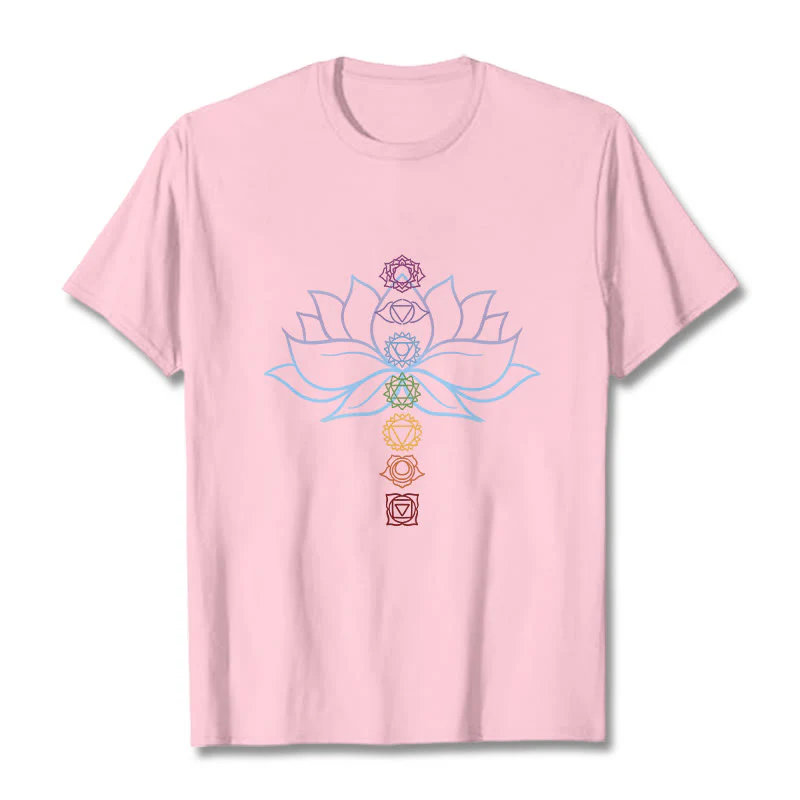Koszulka z bawełny z motywem Buddha Stones w pastelowych odcieniach z motywem kwiatu lotosu i symbolami czakr do medytacji - Image 13