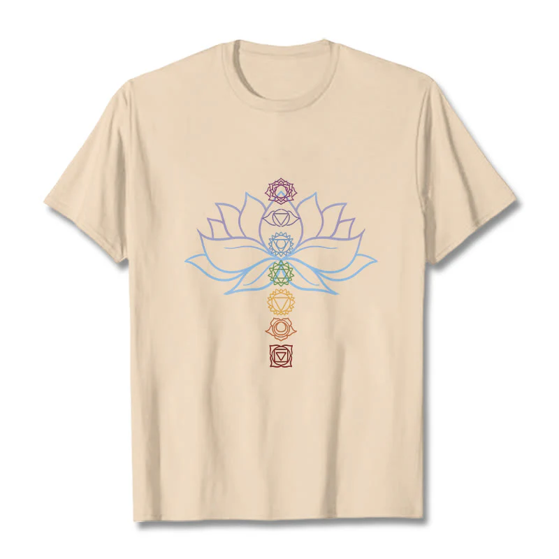 Koszulka z bawełny z motywem Buddha Stones w pastelowych odcieniach z motywem kwiatu lotosu i symbolami czakr do medytacji - Image 9