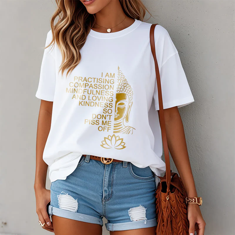 Koszulka z nadrukiem Buddha Stones Casual Golden Side Budda Lotus Flower Pattern Cotton Tee - Image 3