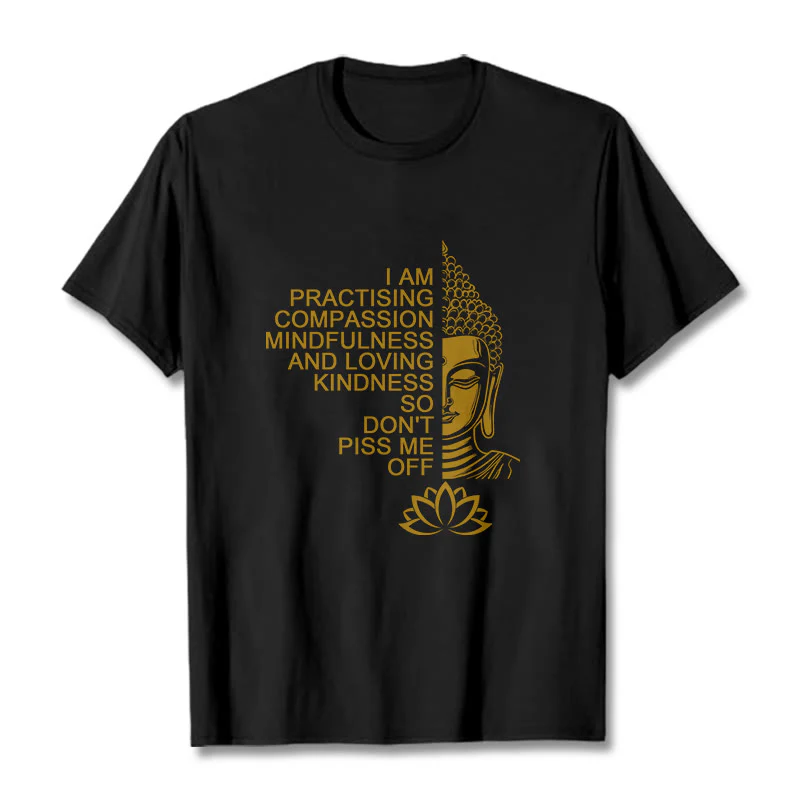 Koszulka z nadrukiem Buddha Stones Casual Golden Side Budda Lotus Flower Pattern Cotton Tee - Image 5