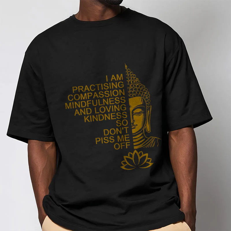 Koszulka z nadrukiem Buddha Stones Casual Golden Side Budda Lotus Flower Pattern Cotton Tee - Image 6