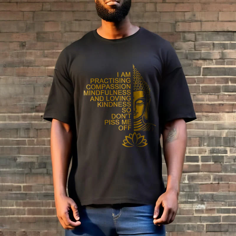 Koszulka z nadrukiem Buddha Stones Casual Golden Side Budda Lotus Flower Pattern Cotton Tee - Image 7