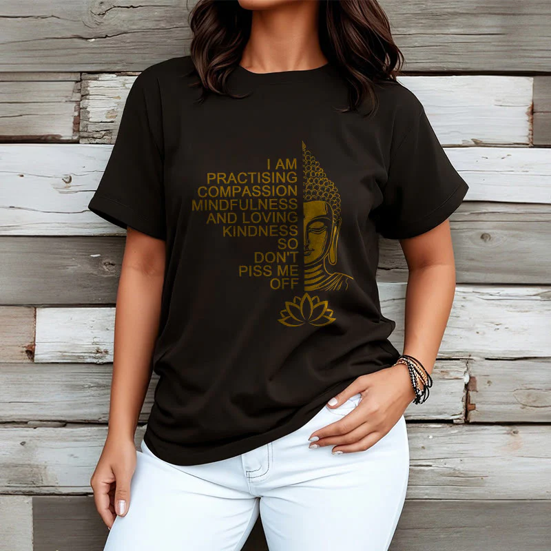 Koszulka z nadrukiem Buddha Stones Casual Golden Side Budda Lotus Flower Pattern Cotton Tee - Image 8