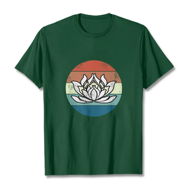 Koszulka z nadrukiem Buddha Stones Kwitnący Lotos Kolorowy Pasiasty Wzór Bawełniany T-shirt - Image 11