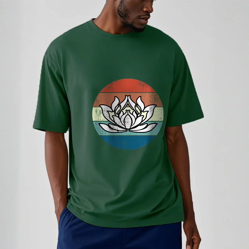 Koszulka z nadrukiem Buddha Stones Kwitnący Lotos Kolorowy Pasiasty Wzór Bawełniany T-shirt - Image 12