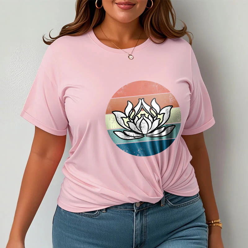 Koszulka z nadrukiem Buddha Stones Kwitnący Lotos Kolorowy Pasiasty Wzór Bawełniany T-shirt - Image 14
