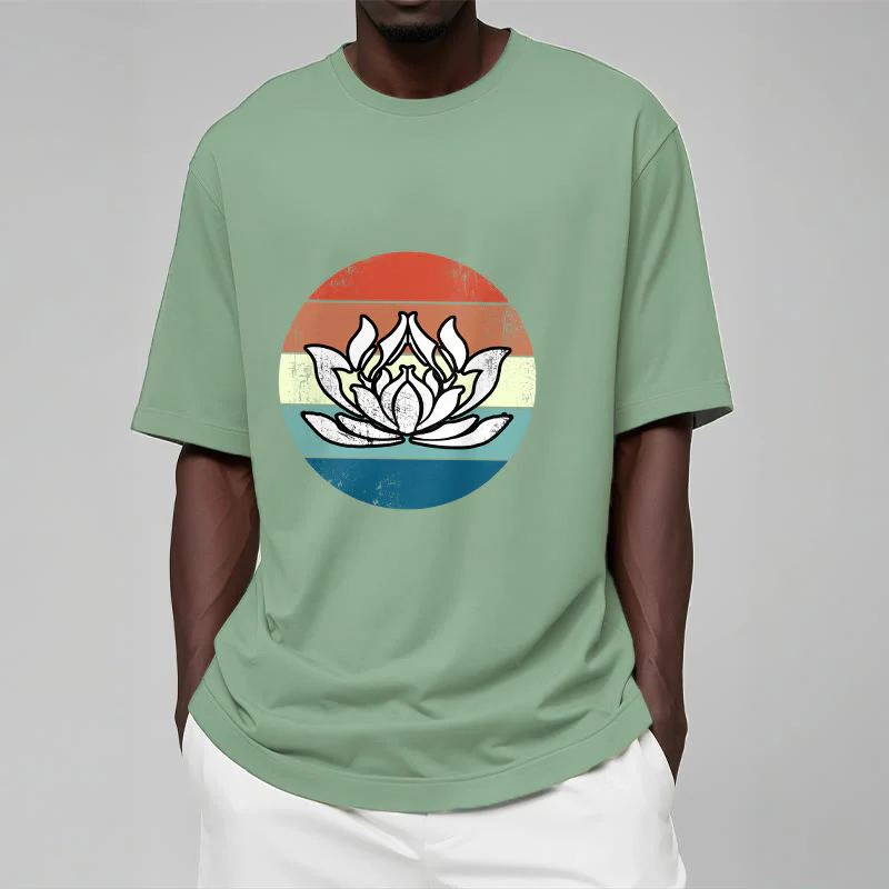 Koszulka z nadrukiem Buddha Stones Kwitnący Lotos Kolorowy Pasiasty Wzór Bawełniany T-shirt - Image 16
