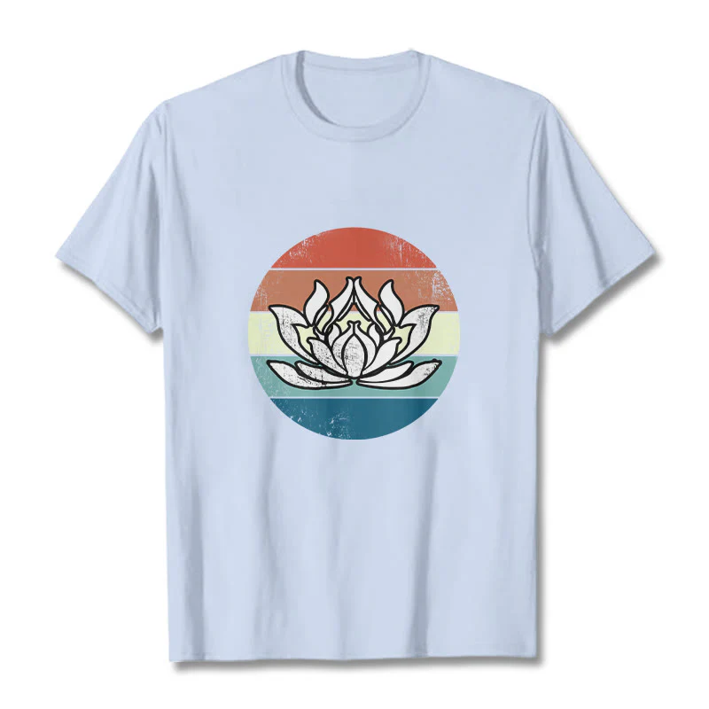 Koszulka z nadrukiem Buddha Stones Kwitnący Lotos Kolorowy Pasiasty Wzór Bawełniany T-shirt - Image 19
