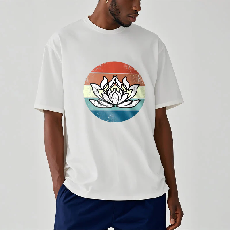 Koszulka z nadrukiem Buddha Stones Kwitnący Lotos Kolorowy Pasiasty Wzór Bawełniany T-shirt - Image 8